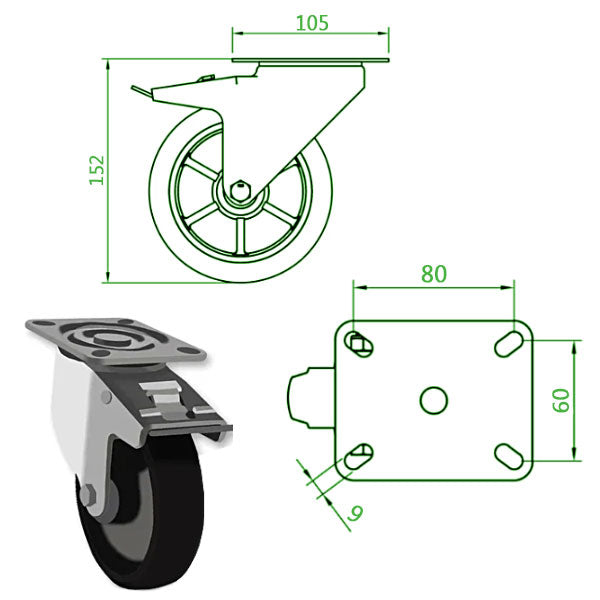 Dark Slate Gray 125mm Heavy Duty Swivel, Fixed & Braked Castors With Cast Iron & Ball Bearing Wheel