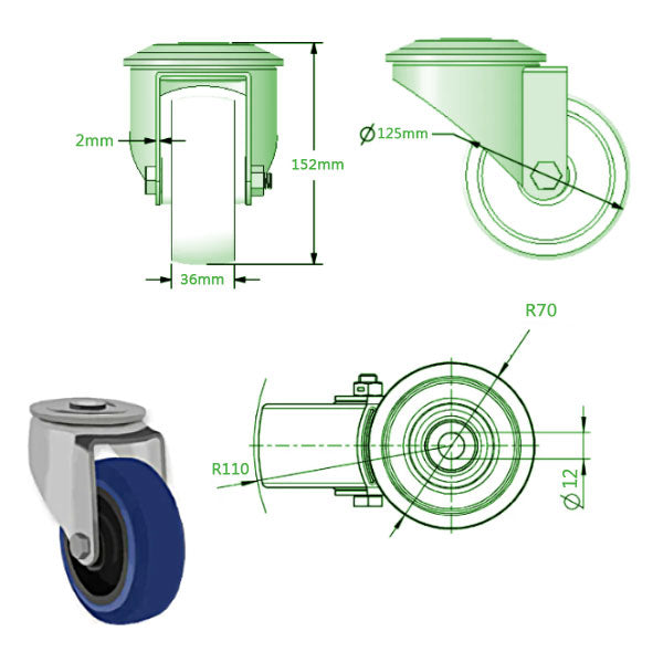 Light Gray 125mm Heavy Duty Bolt Hole Swivel  & Total Stop Braked Castors Blue Elastic Non Marking Rubber Wheel