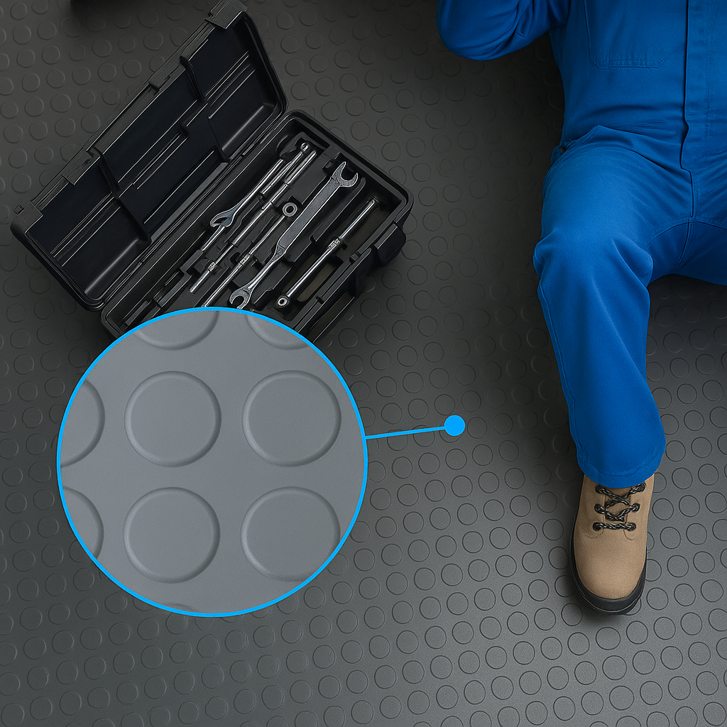 Dark Slate Gray Non-Slip Heavy Duty Rubber Flooring Roll – Studded Dot Penny Pattern 3mm–6mm Thick R11 Slip Rated, Oil Resistant