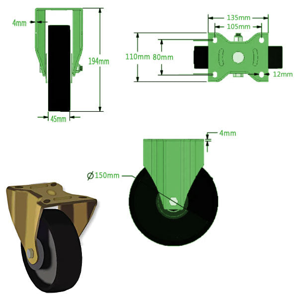 Black 150mm Extra Heavy Pressed Steel Swivel, Fixed & Total Stop Swivel/Brake Castors Cast Iron Wheel Ball Bearing Bore