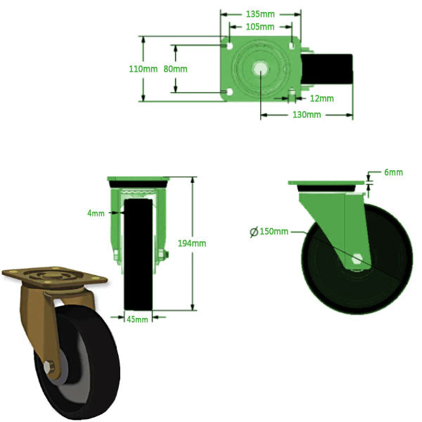 Medium Sea Green 150mm Extra Heavy Pressed Steel Swivel, Fixed & Total Stop Swivel/Brake Castors Cast Iron Wheel Ball Bearing Bore