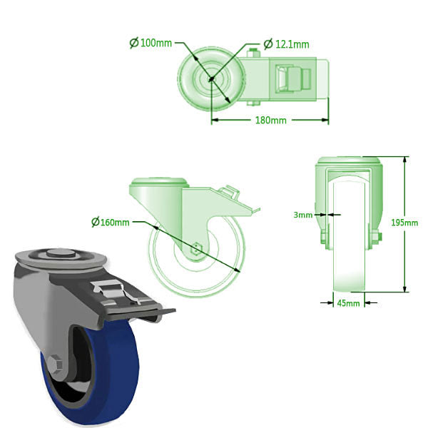 Light Gray 160mm Swivel & Braked Castors with Elastic Rubber Tyred Wheel Nylon Centre & Roller Bearing 350Kg Load Capacity - Single Bolt Fitting