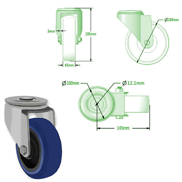 Light Gray 160mm Swivel & Braked Castors with Elastic Rubber Tyred Wheel Nylon Centre & Roller Bearing 350Kg Load Capacity - Single Bolt Fitting