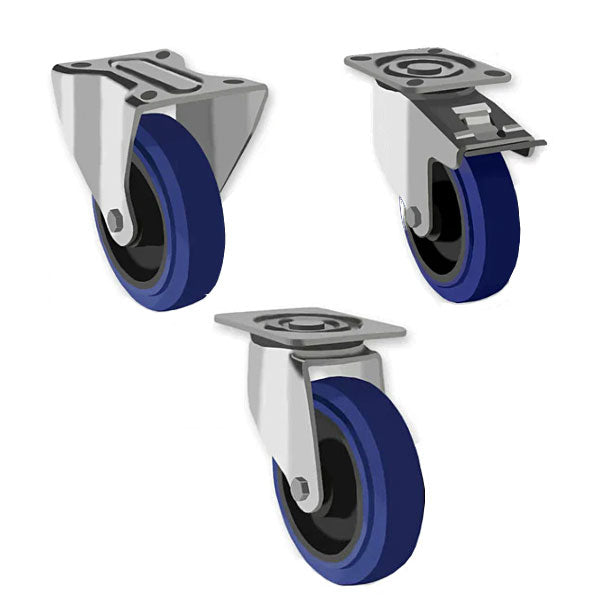 Light Gray 160mm Swivel, Fixed & Total Stop Braked Castors with Blue Elastic Rubber Tyred Wheel