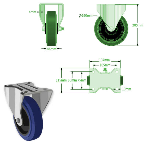 Dark Slate Gray 160mm Swivel, Fixed & Total Stop Braked Castors with Blue Elastic Rubber Tyred Wheel