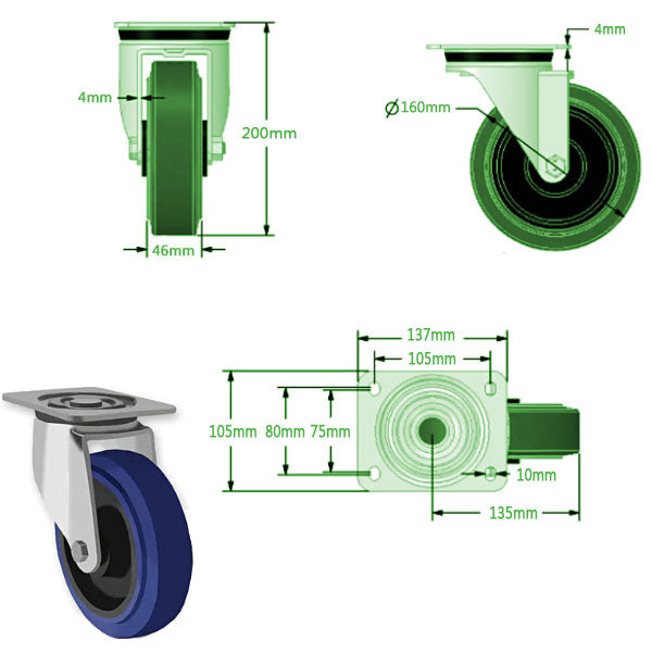 Light Gray 160mm Swivel, Fixed & Total Stop Braked Castors with Blue Elastic Rubber Tyred Wheel