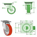 Dark Olive Green 200mm Swivel, Fixed & Braked Castors with Red Polyurethane Tyred Roller Bearing Bore Wheel & Total Stop Brake Option 350Kg Load Capacity