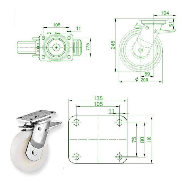 Beige 200mm Extra Heavy Duty Swivel, Fixed & Total Stop Braked Castor With Cast Nylon Wheel & Ball Bearing 1000Kg Load Capacity