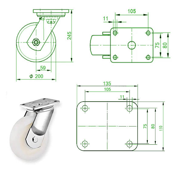 Beige 200mm Extra Heavy Duty Swivel, Fixed & Total Stop Braked Castor With Cast Nylon Wheel & Ball Bearing 1000Kg Load Capacity