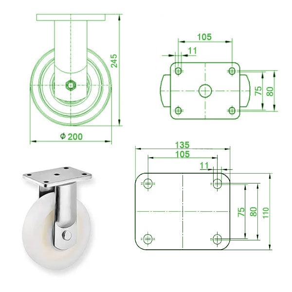 Beige 200mm Extra Heavy Duty Swivel, Fixed & Total Stop Braked Castor With Cast Nylon Wheel & Ball Bearing 1000Kg Load Capacity