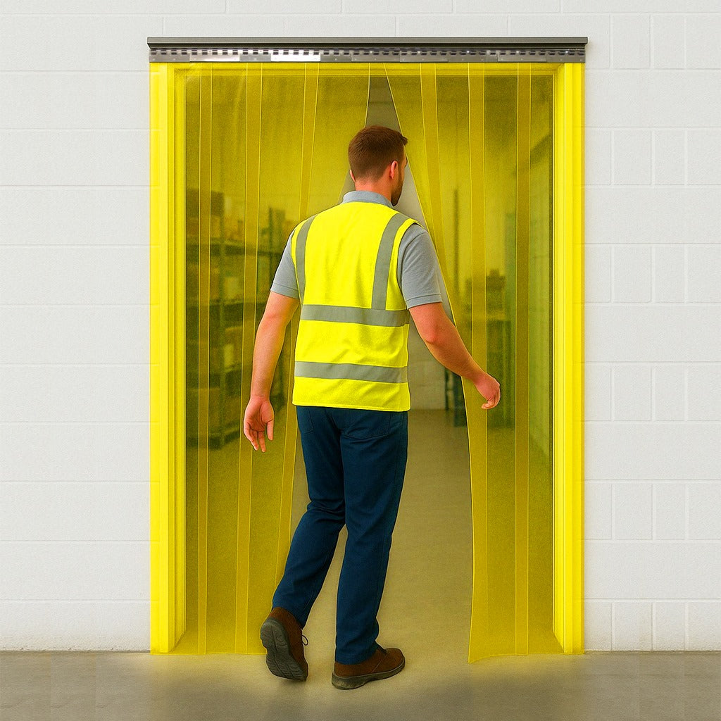 Dark Goldenrod Premium Transparent Yellow PVC Strip Curtains – Hook-On Design for Exhibitions & Events, UV-Stable, Easy Install, Durable Protection