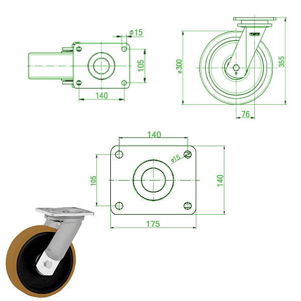 Dark Green 300mm Ultra Heavy Duty Swivel Fixed & Total Stop Braked Castor With 4 Bolt Fixing Plate 2000kg Load Capacity