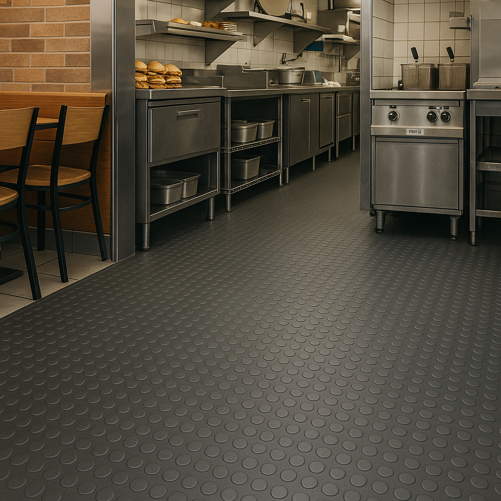 Dark Slate Gray Non-Slip Heavy Duty Rubber Flooring Roll – Studded Dot Penny Pattern 3mm–6mm Thick R11 Slip Rated, Oil Resistant