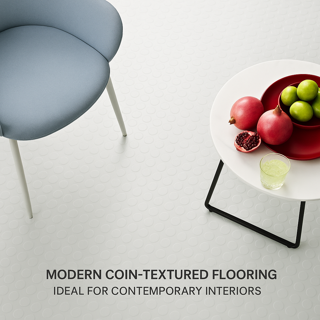 Light Gray Non-Slip Heavy Duty Rubber Flooring Roll – Studded Dot Penny Pattern 3mm–6mm Thick R11 Slip Rated, Oil Resistant