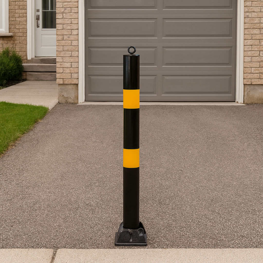 Dim Gray 76 mm Black & Yellow Fold-Down Parking Post – Integral Lock, Top-Eyelet for Chain, Bolt-Down Base