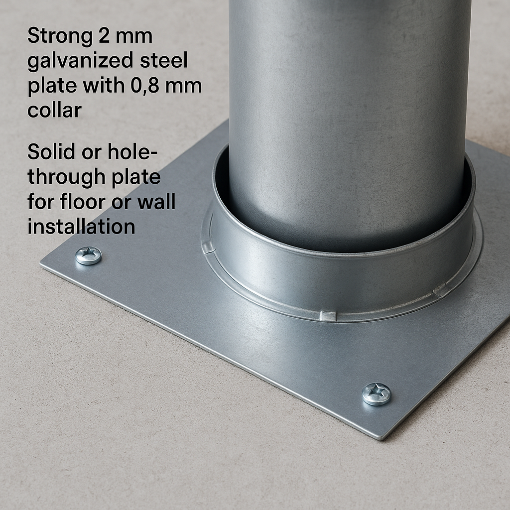 Dark Gray Galvanised Steel Slip Duct Fixing Plate – Solid or Open Centre – Secure Ducting to Floor or Wall – Industrial Ventilation Fitting