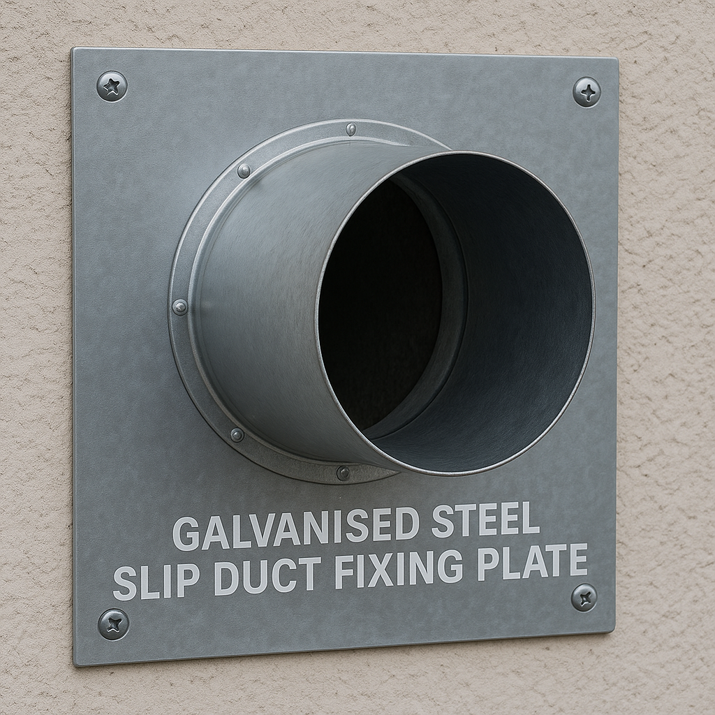 Light Slate Gray Galvanised Steel Slip Duct Fixing Plate – Solid or Open Centre – Secure Ducting to Floor or Wall – Industrial Ventilation Fitting