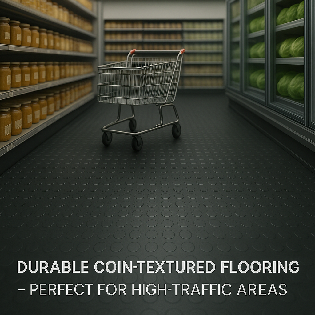 Dark Slate Gray Non-Slip Heavy Duty Rubber Flooring Roll – Studded Dot Penny Pattern 3mm–6mm Thick R11 Slip Rated, Oil Resistant