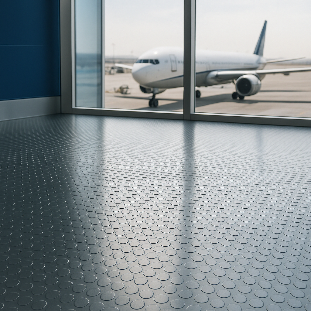 Gray Non-Slip Heavy Duty Rubber Flooring Roll – Studded Dot Penny Pattern 3mm–6mm Thick R11 Slip Rated, Oil Resistant