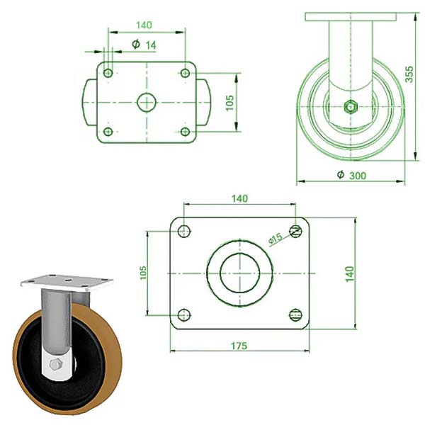 Dark Slate Gray 300mm Ultra Heavy Duty Swivel Fixed & Total Stop Braked Castor With 4 Bolt Fixing Plate 2000kg Load Capacity