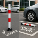 Red & White Fold-Down Parking Post with Built-In Lock & Eyelet 1