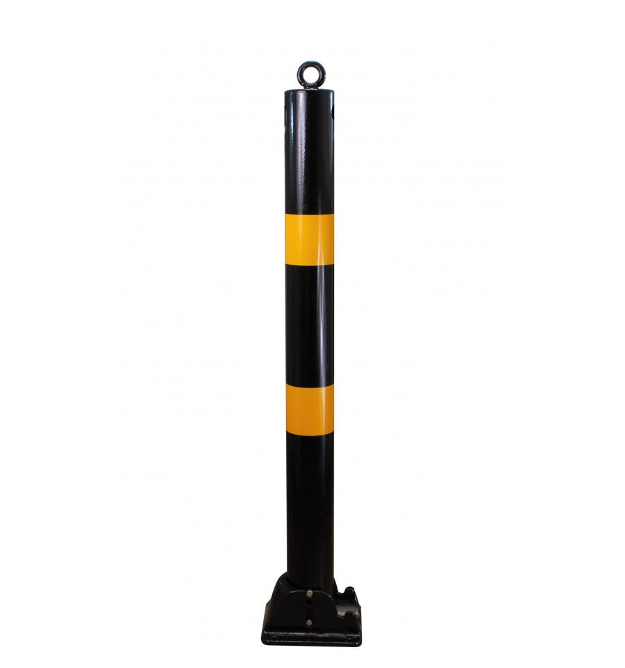 Sandy Brown 76 mm Black & Yellow Fold-Down Parking Post – Integral Lock, Top-Eyelet for Chain, Bolt-Down Base