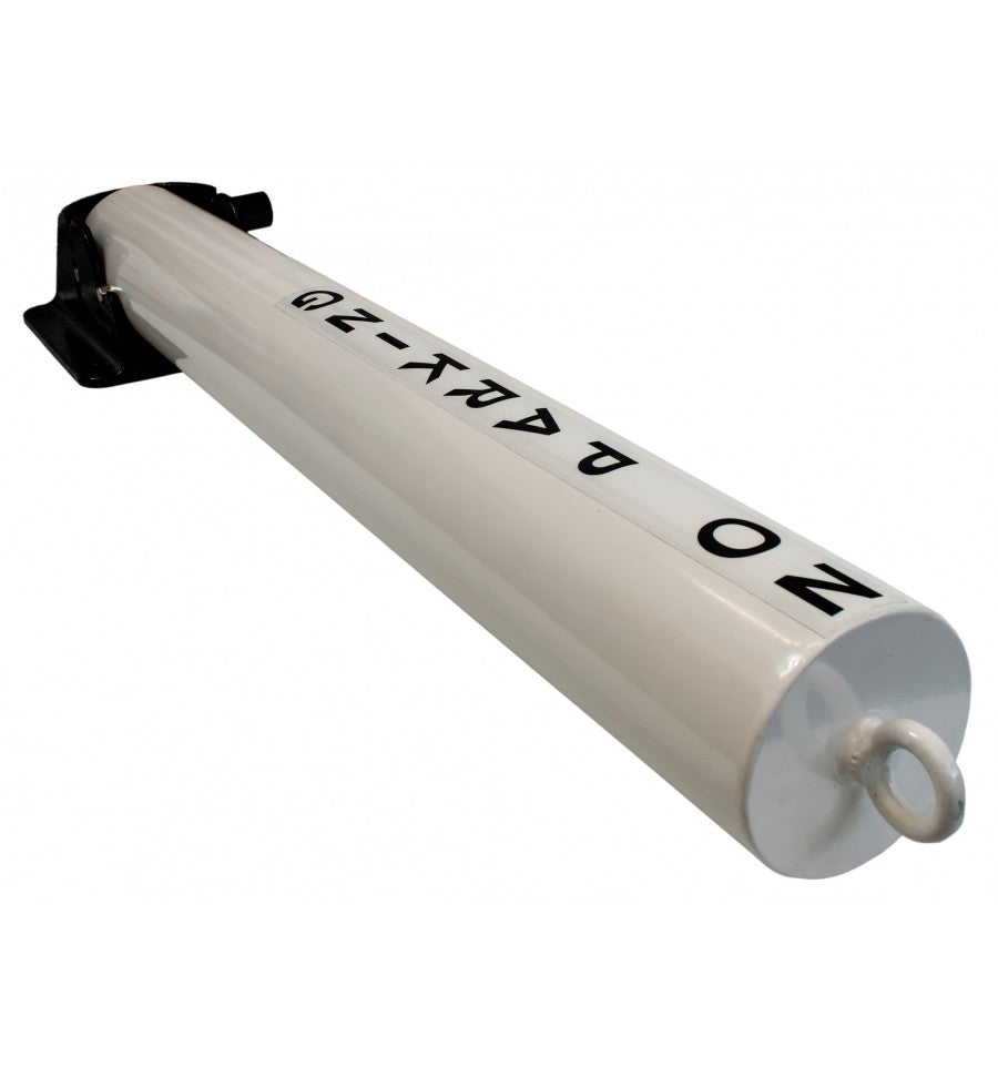 Dark Gray Large White Fold-Down Steel Security Post – Integral Lock, Top Chain Eyelet, Bolt-Down Base