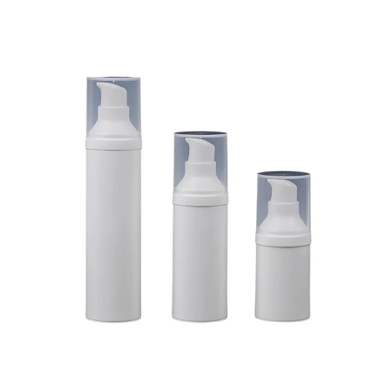 Gray Round White Airless Bottle with Push-On Pump – Leak-Proof Design for Skincare & Cosmetics