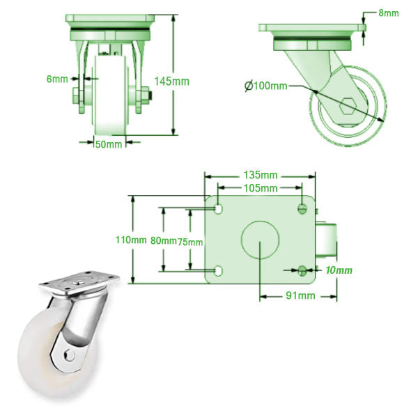 Light Gray 100mm Extra Heavy Duty Swivel & Fixed Castor with Cast Nylon Wheel Ball Bearings 600Kg Load Capacity