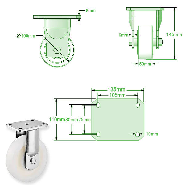 Beige 100mm Extra Heavy Duty Swivel & Fixed Castor with Cast Nylon Wheel Ball Bearings 600Kg Load Capacity