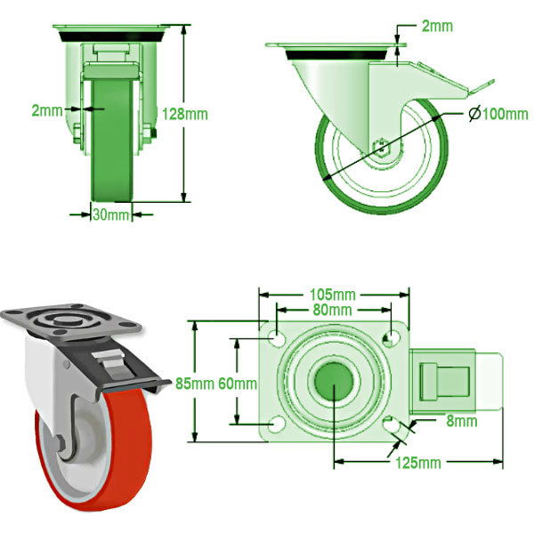 Light Gray 100mm Medium Duty Swivel, Fixed & Braked Castors with Red Polyurethane Wheel 150kg Load Capacity