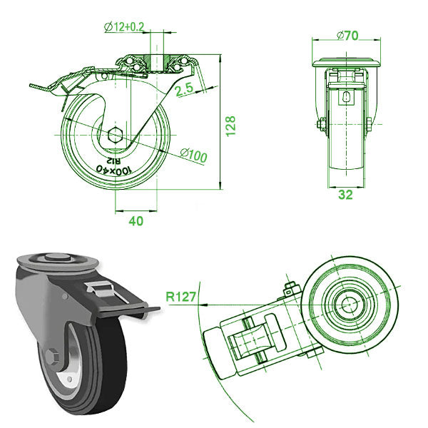 Beige 100mm Medium Duty Swivel & Braked Castor with Rubber/Steel Wheel and Single Bolt Hole Fixing 80Kg Load Capacity