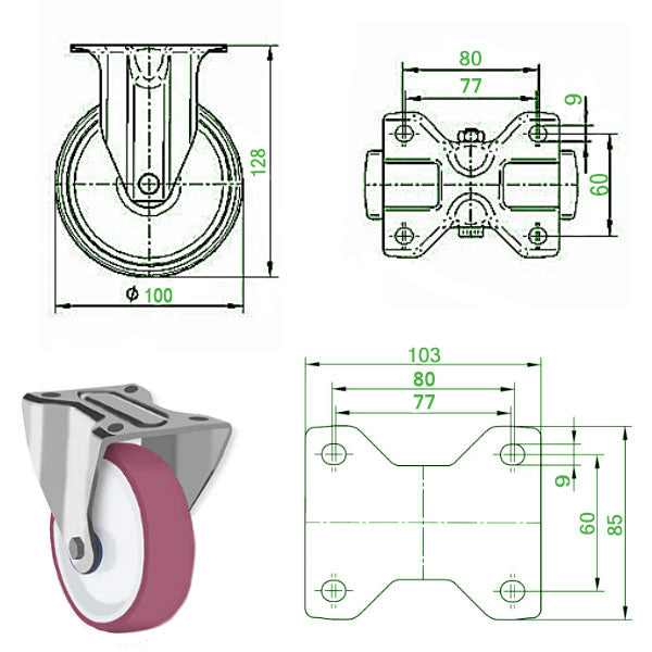 Lavender 100mm Stainless Steel Swivel, Fixed &  Braked Castor with Polyurethane Wheel 150kg Load Capacity