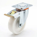 White Smoke 80mm Pressed Steel Swivel Castor Wheel with Directional Brake, 4 Hole Top Plate & White Nylon Wheel - 120kg Load Capacity