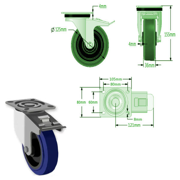 Light Gray 125mm Heavy Duty Swivel, Fixed & Total Stop Braked Castors Blue Elastic Non Marking Wheel 250Kg Load Capacity