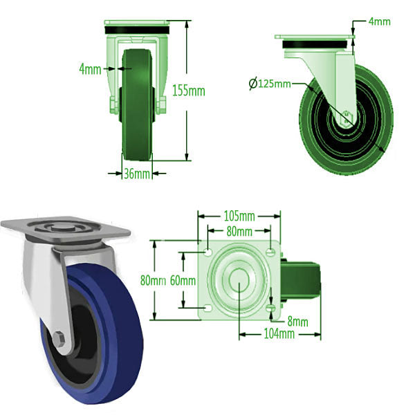 Dark Slate Gray 125mm Heavy Duty Swivel, Fixed & Total Stop Braked Castors Blue Elastic Non Marking Wheel 250Kg Load Capacity