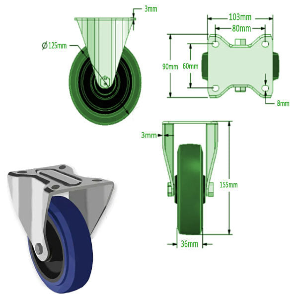 Dark Slate Gray 125mm Heavy Duty Swivel, Fixed & Total Stop Braked Castors Blue Elastic Non Marking Wheel 250Kg Load Capacity