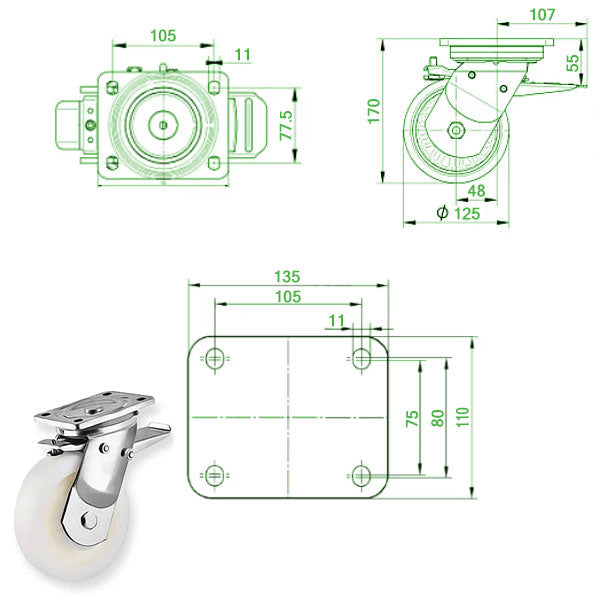 Beige 125mm Extra Heavy Duty Swivel, Fixed & Total Stop Braked Castor with Cast Nylon Wheel Ball Bearings