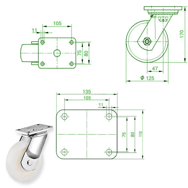 Beige 125mm Extra Heavy Duty Swivel, Fixed & Total Stop Braked Castor with Cast Nylon Wheel Ball Bearings