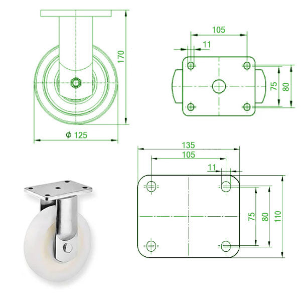 Beige 125mm Extra Heavy Duty Swivel, Fixed & Total Stop Braked Castor with Cast Nylon Wheel Ball Bearings