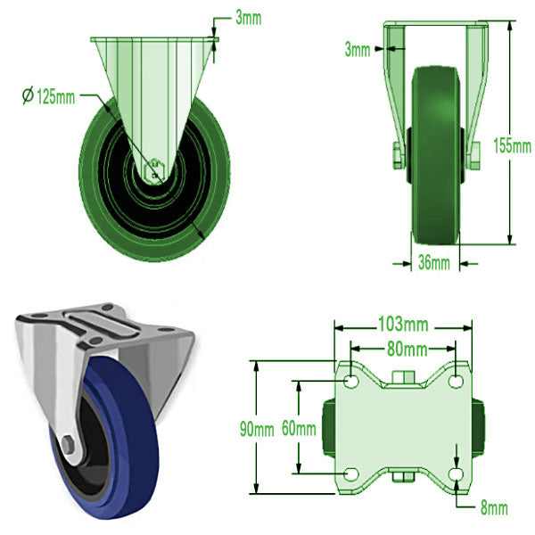 Dark Slate Gray 125mm Medium Duty Swivel, Fixed & Braked Casters Blue Elastic Non Marking Wheel 200Kg Load Capacity