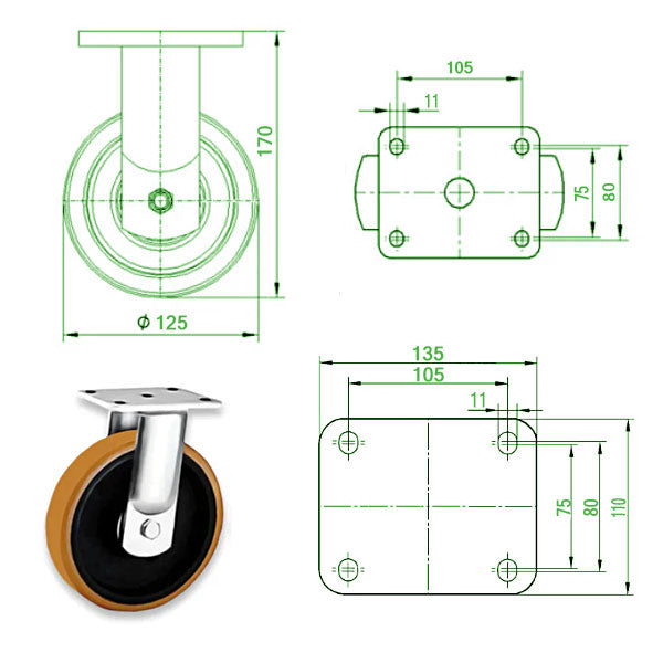 Black 125mm Extra Heavy Duty Swivel, Fixed & Braked Castor Polyurethane / Cast Iron Wheel 550Kg Load Capacity