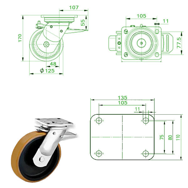 Dark Slate Gray 125mm Extra Heavy Duty Swivel, Fixed & Braked Castor Polyurethane / Cast Iron Wheel 550Kg Load Capacity