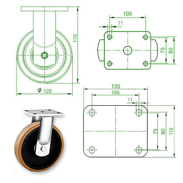 Dark Slate Gray 125mm Extra Heavy Duty Swivel, Fixed & Braked Castor Polyurethane / Cast Iron Wheel 550Kg Load Capacity