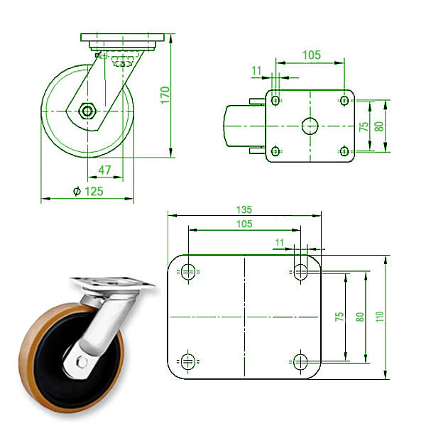 Beige 125mm Extra Heavy Duty Swivel, Fixed & Braked Castor Polyurethane / Cast Iron Wheel 550Kg Load Capacity