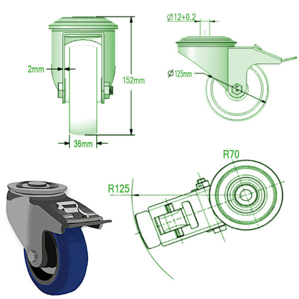 Light Gray 125mm medium Duty Bolt Hole Fitting Swivel & Braked Casters Blue Elastic Non Marking Rubber Wheel 150kg Load Capacity