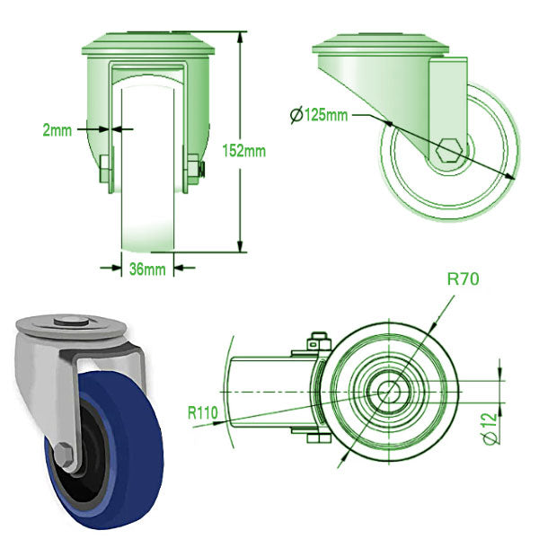 Light Gray 125mm medium Duty Bolt Hole Fitting Swivel & Braked Casters Blue Elastic Non Marking Rubber Wheel 150kg Load Capacity