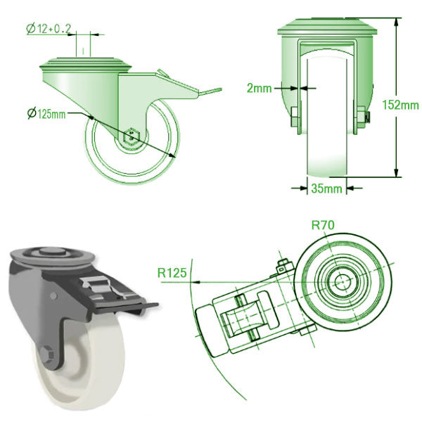 Light Gray 125mm Medium Duty Swivel & Braked Castor with White Nylon Wheel and single bolt hole fixing 180Kg Load Capacity