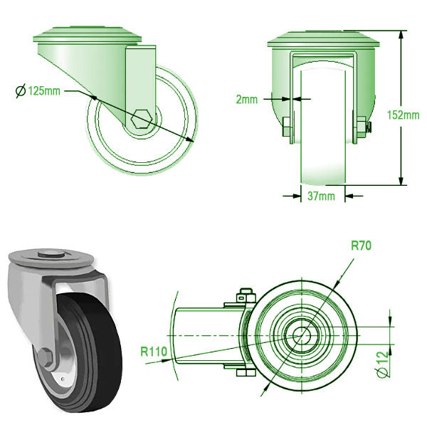 Light Gray 125mm Medium Duty Swivel & Total Stop Castor with Black Rubber/Steel Wheel and Single Bolt Hole Fixing 100Kg Load Capacity