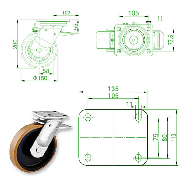 Beige 150mm Extra Heavy Duty Swivel, Fixed & Braked Castor With Polyurethane / Cast Iron Wheel